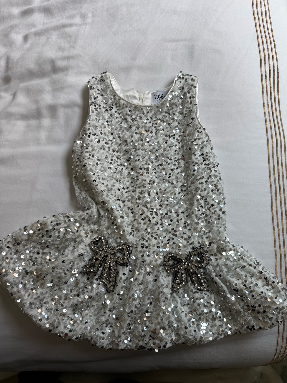 Lola + The Boys White Sequin Party Dress with Bow Appliqués